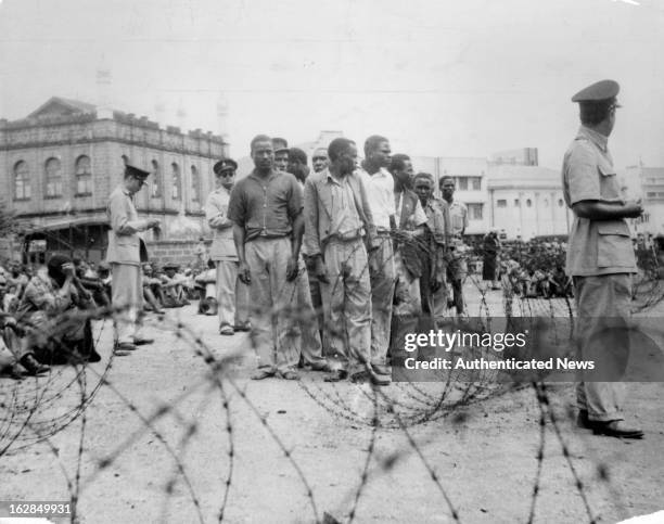 Mau Mau suspect are rounded up by police outside the camp in Manyani, Kenya, 1955.