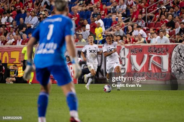 Andy Najar of D.C. United dribbles the ball during the second half against the New York Red Bulls at Red Bull Arena on August 20, 2023 in Harrison,...