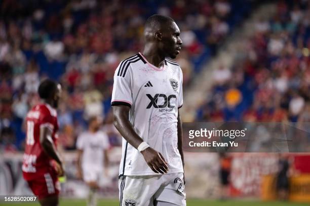 Christian Benteke of D.C. United looks on during the second half against the New York Red Bulls at Red Bull Arena on August 20, 2023 in Harrison, New...