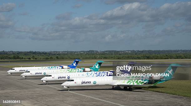 Aircrafts of the Uruguayan liquidated carrier Pluna, remain idle on the tarmac of Carrasco International Airport in Montevideo, on February 27, 2013....