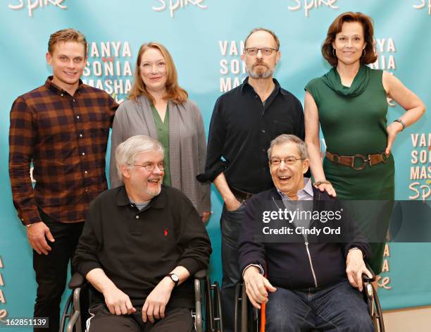 Actors Billy Magnussen, Kristine Nielsen, David Hyde Pierce, Sigourney Weaver pose behind playwright Christopher Durang and Director Nicholas Martin...