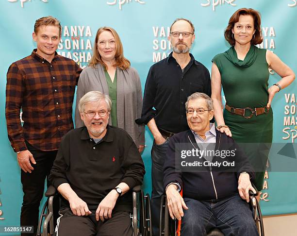 Actors Billy Magnussen, Kristine Nielsen, David Hyde Pierce, Sigourney Weaver pose behind playwright Christopher Durang and Director Nicholas Martin...