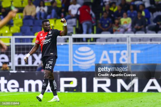 Jordy Caicedo of Atlas celebrates after scoring the team's first goal during the 4th round match between Atlas and America as part of the Torneo...