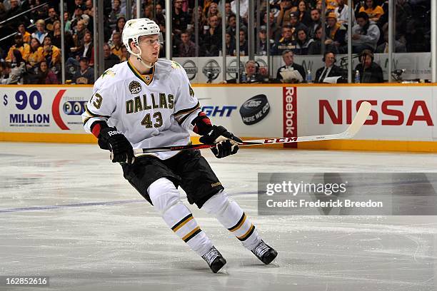 Jamie Oleksiak of the Dallas Stars plays against the Nashville Predators at the Bridgestone Arena on February 25, 2013 in Nashville, Tennessee.