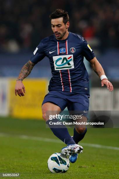 Ezequiel Lavezzi of PSG in action during the French Cup match between Paris Saint-Germain FC and Marseille Olympic OM at Parc des Princes on February...