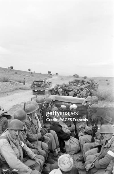 French Forces Operations In Aures. Algérie, Mai 1956, opérations des forces françaises dans les montagnes de NEMENTCHA, et dans les AURES. Un convoi...