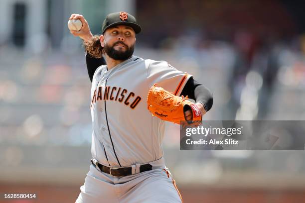 Jakob Junis of the San Francisco Giants pitches during the first inning against the Atlanta Braves at Truist Park on August 20, 2023 in Atlanta,...