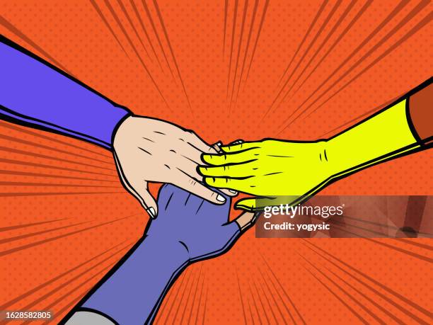 illustrations, cliparts, dessins animés et icônes de vector pop art superheroes hands stacked stock illustration - trois personnes