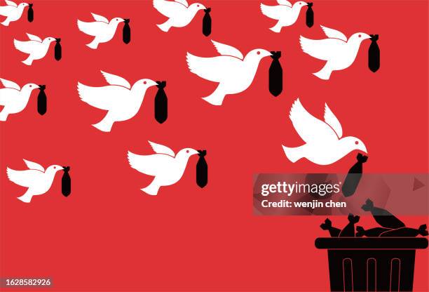 friedenstaube wirft bomben in mülleimer, antikrieg, friedensplakat. - friedenssymbol stock-grafiken, -clipart, -cartoons und -symbole