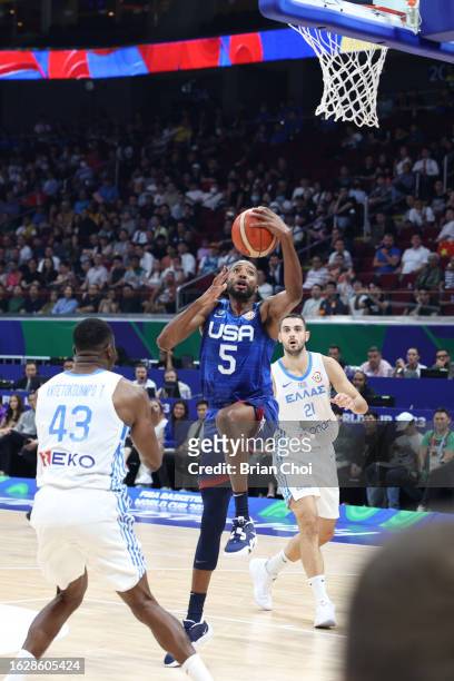 Mikal Bridges of the USA Men's Senior National Team shoots against Greece as part of the 2023 FIBA World Cup on August 26, 2023 at Mall of Asia Arena...