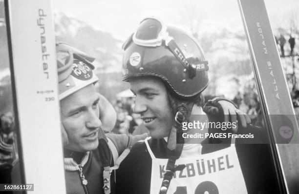 Ski In Kitzbuhel. En Autriche, à Kitzbühel, en février 1969, lors d'une compétition de ski, slalom spécial descente Guy Périllat, Huber, Matt,...