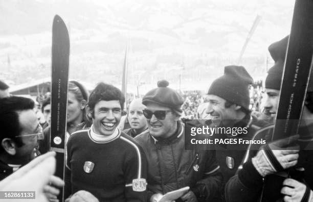 Ski In Kitzbuhel. En Autriche, à Kitzbühel, en février 1969, Compétition de ski, slalom spécial descente avec Guy Périllat, Huber, Matt, Duvillard....