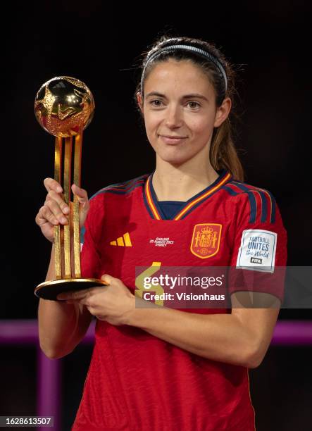 Aitana Bonmati of Spain poses with the Adidas Golden Ball trophy during the award ceremony after the FIFA Women's World Cup Australia & New Zealand...