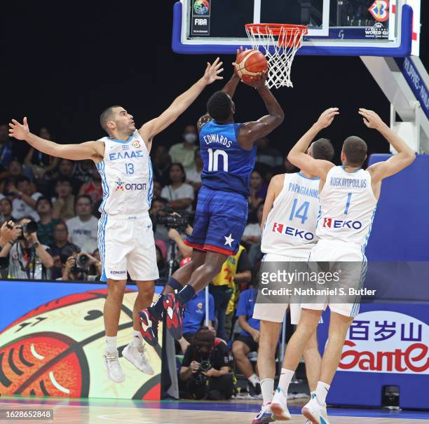 Anthony Edwards of the USA Men's Senior National Team drives to the basket against Greece as part of the 2023 FIBA World Cup on August 28, 2023 at...