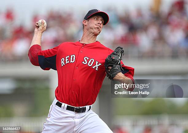 Clayton Mortensen of the Boston Red Sox pitches during the Spring Training game against the St. Louis Cardinals on February 26, 2013 in Fort Myers,...