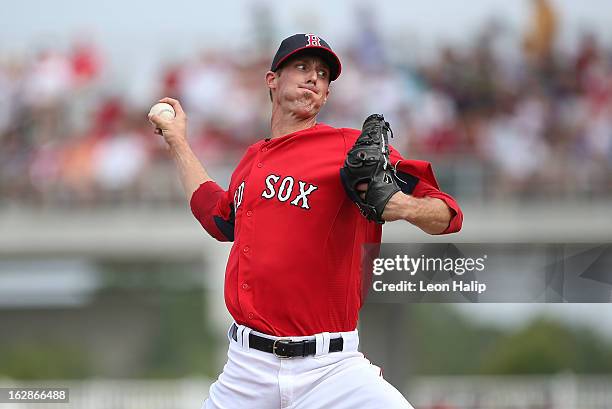 Clayton Mortensen of the Boston Red Sox pitches during the Spring Training game against the St. Louis Cardinals on February 26, 2013 in Fort Myers,...