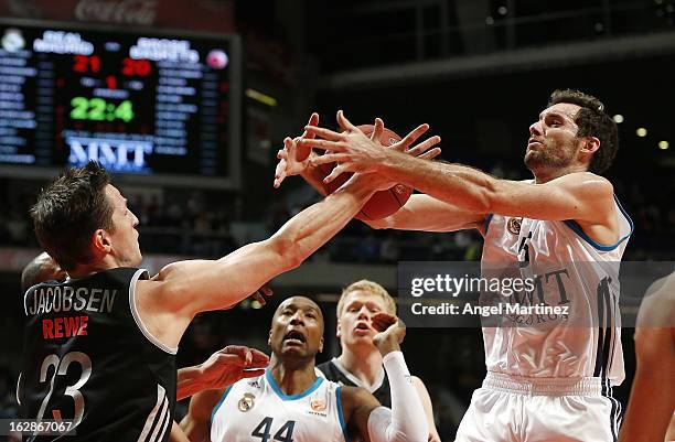 Rudy Fernandez of Real Madrid fights for a rebound against Casey Jacobsen of Brose Baskets during the Turkish Airlines Euroleague Top 16 game at...