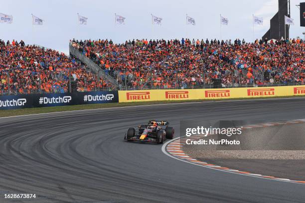 Max Verstappen of the Netherlands driving the car no 1 the RB19 Honda of Oracle Red Bull Racing team on track during the Dutch GP race. Heavy...