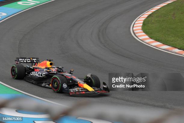 Max Verstappen of the Netherlands driving the car no 1 the RB19 Honda of Oracle Red Bull Racing team on track during the Dutch GP race. Heavy...