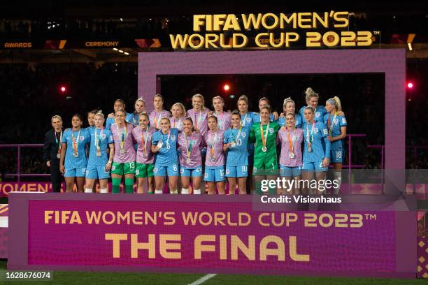 The England squad pose with their runners up medals during the award ceremony after the FIFA Women's World Cup Australia & New Zealand 2023 Final...