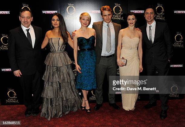 Director Sam Raimi, actors Mila Kunis, Michelle Williams, James Franco, Rachel Weisz and Zach Braff attend the European Premiere of 'Oz: The Great...