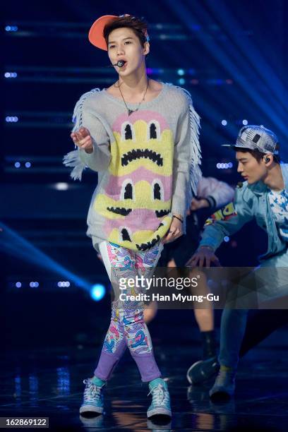 Taemin of South Korean boy band SHINee performs onstage during the MBC Music 'Show Champion' at Uniqlo-AX Hall on February 27, 2013 in Seoul, South...