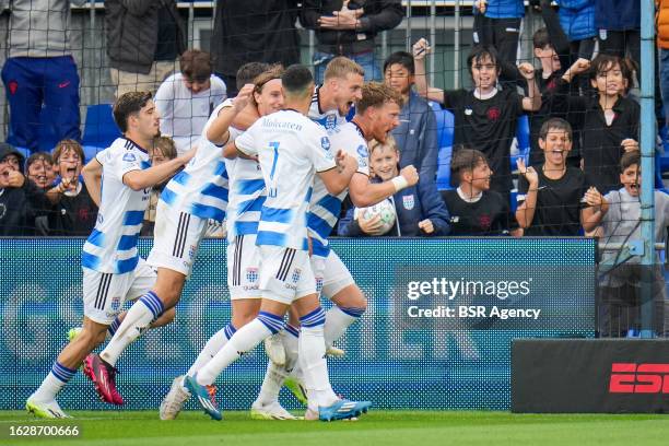 Ferdy Druijf of PEC Zwolle celebrates with his team mates after scoring his team's first goal during the Dutch Eredivisie match between PEC Zwolle...