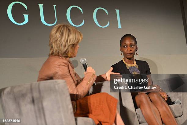 Pat Mitchell, President & CEO, The Paley Center for Media and Hafsat Abiola speak at the launch of Chime for Change, founded by Gucci, at TED held at...