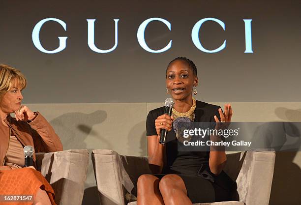 Pat Mitchell, President & CEO, The Paley Center for Media and Hafsat Abiola speak at the launch of Chime for Change, founded by Gucci, at TED held at...