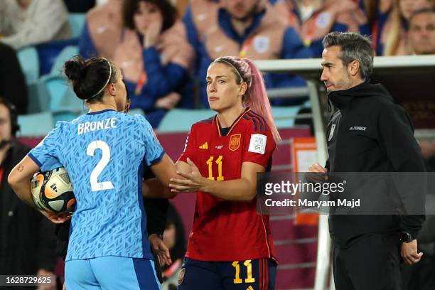 Lucy Bronze talks with Alexia Putellas during the FIFA Women's World Cup Australia & New Zealand 2023 Final match between Spain and England at...