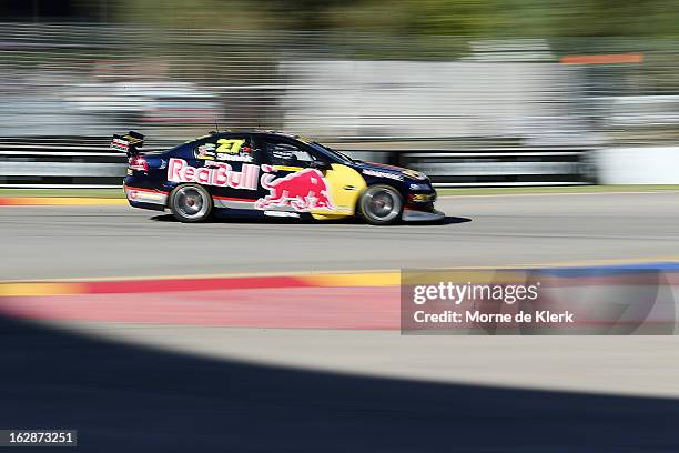 Casey Stoner drives the Red Bull Pirtek Holden during qualifying for round one of the V8 Supercars Dunlop Development Series at the Adelaide Street...