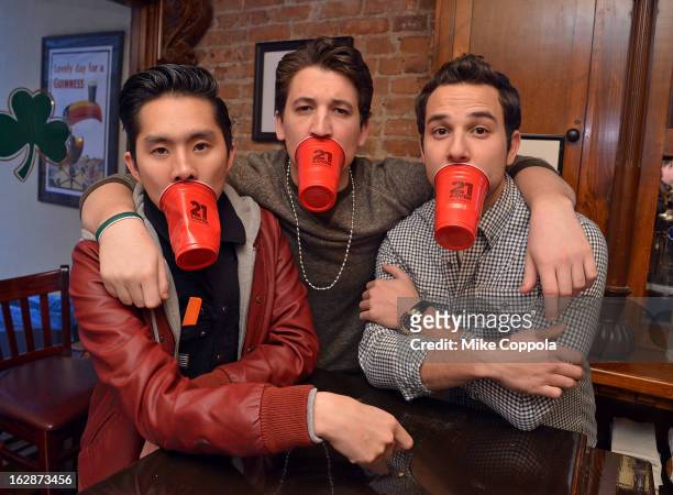 Justin Chon, Miles Teller, and Skylar Astin attend the "21 & Over" Press Call at Playwrights Tavern on February 28, 2013 in New York City.