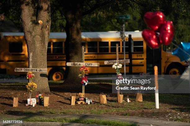 Morning sun shines on memorials for Jerrald Gallion, Angela Carr and Anolt Joseph Laguerre Jr. Near a Dollar General store where they were shot and...