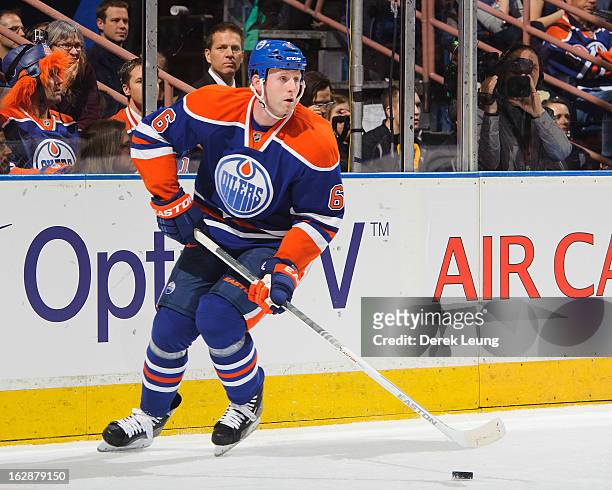 Ryan Whitney of the Edmonton Oilers skates against the Los Angeles Kings during an NHL game at Rexall Place on February 19, 2013 in Edmonton,...
