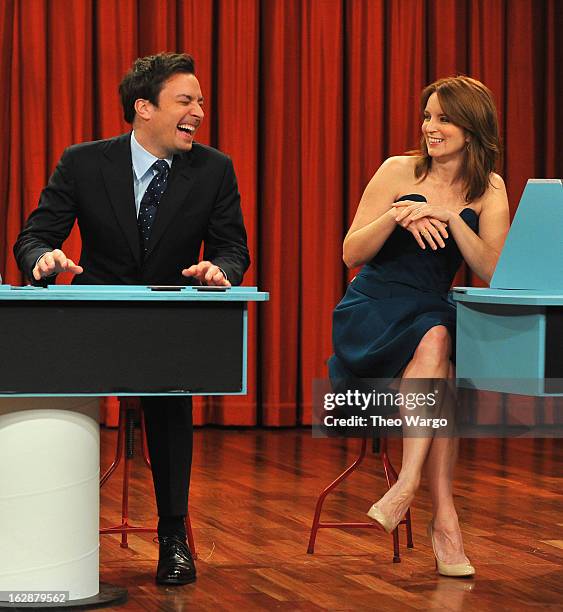 Jimmy Fallon and Tina Fey during a taping of "Late Night With Jimmy Fallon">> at Rockefeller Center on February 28, 2013 in New York City.