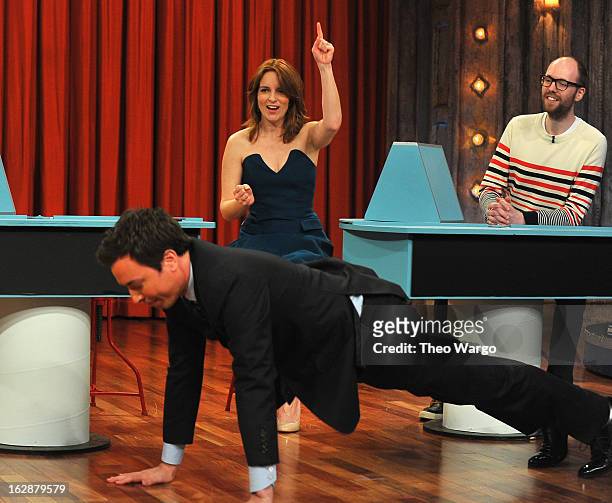 Jimmy Fallon and Tina Fey during a taping of "Late Night With Jimmy Fallon">> at Rockefeller Center on February 28, 2013 in New York City.