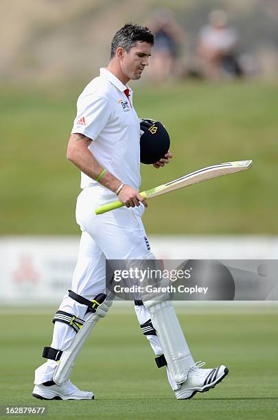 Kevin Pietersen of England leaves the field after being dismissed by Neil Wagner of a New Zealand XI during day three of the International Tour Match...