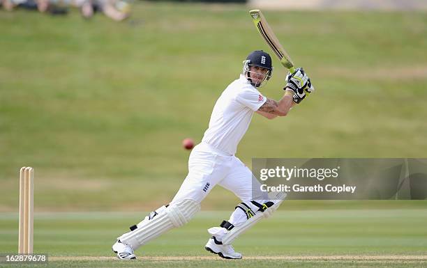 Kevin Pietersen of England bats during day three of the International Tour Match between the New Zealand XI and England at Queenstown Events Centre...