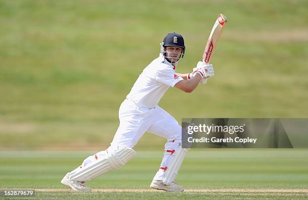 Jonathan Trott of England bats during day three of the International Tour Match between the New Zealand XI and England at Queenstown Events Centre on...