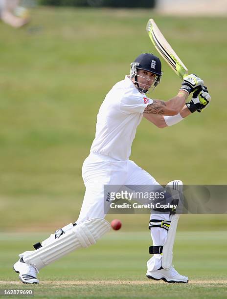 Kevin Pietersen of England bats during day three of the International Tour Match between the New Zealand XI and England at Queenstown Events Centre...