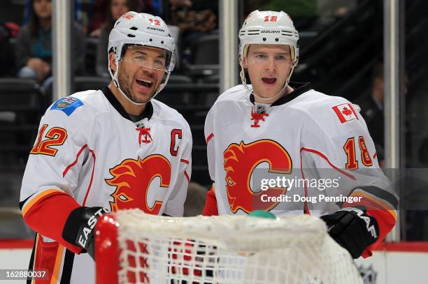 Jarome Iginla of the Calgary Flames celebrates his goal with Matt Stajan of the Calgary Flames to give the Flames a 3-0 lead over the Colorado...