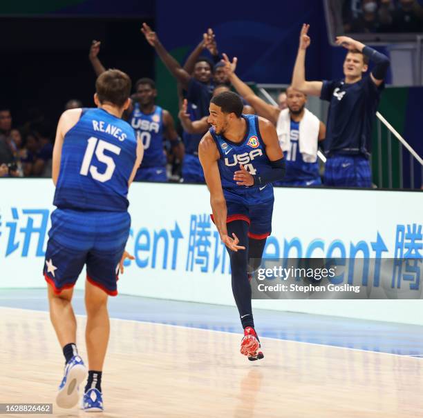 Tyrese Haliburton of the USA Men's Senior National Team celebrates a three point basket against Greece as part of the 2023 FIBA World Cup on August...