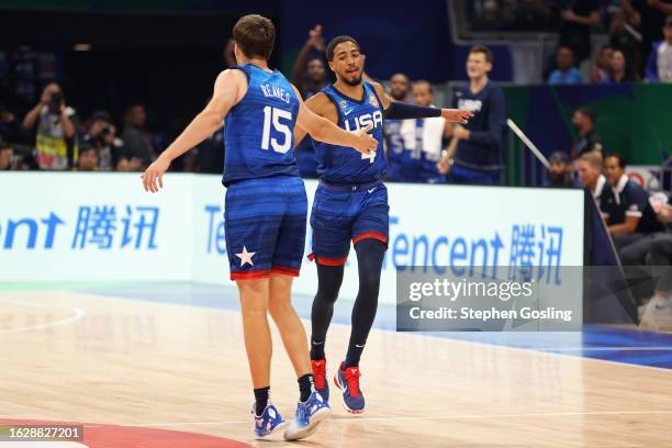 Tyrese Haliburton of the USA Men's Senior National Team celebrates a three point basket against Greece as part of the 2023 FIBA World Cup on August...