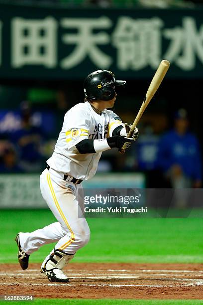 Akira Nakamura of the SoftBank Hawks bats during the World Baseball Classic exhibition game against Team Brazil at the Fukuoka Yahoo! Japan Dome on...