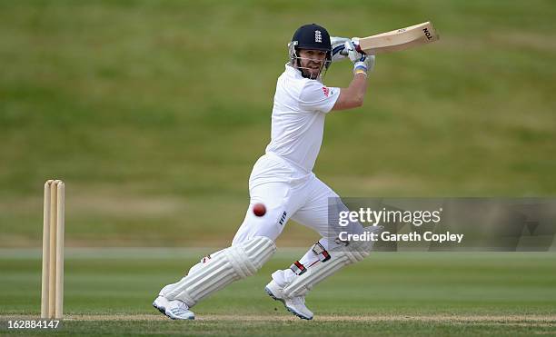 Matt Prior of England bats during day three of the International Tour Match between the New Zealand XI and England at Queenstown Events Centre on...