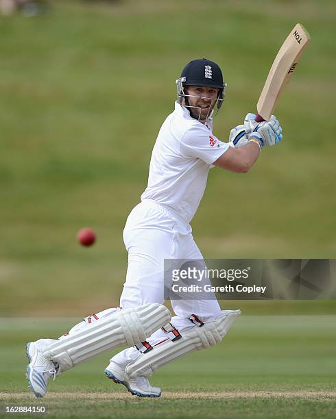 Matt Prior of England bats during day three of the International Tour Match between the New Zealand XI and England at Queenstown Events Centre on...