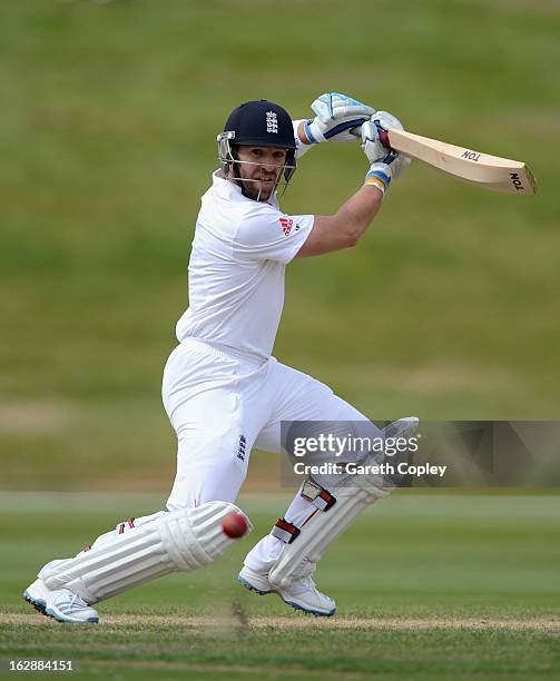 Matt Prior of England bats during day three of the International Tour Match between the New Zealand XI and England at Queenstown Events Centre on...