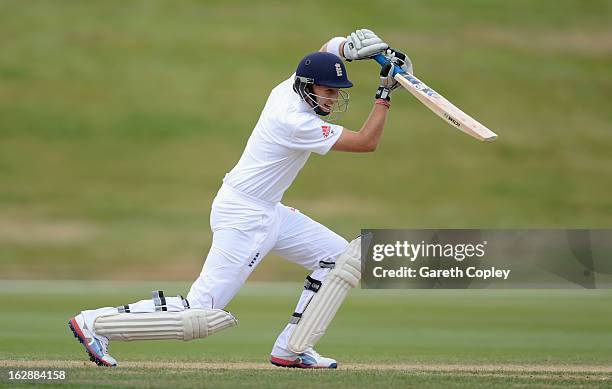 Joe Root of England bats during day three of the International Tour Match between the New Zealand XI and England at Queenstown Events Centre on March...