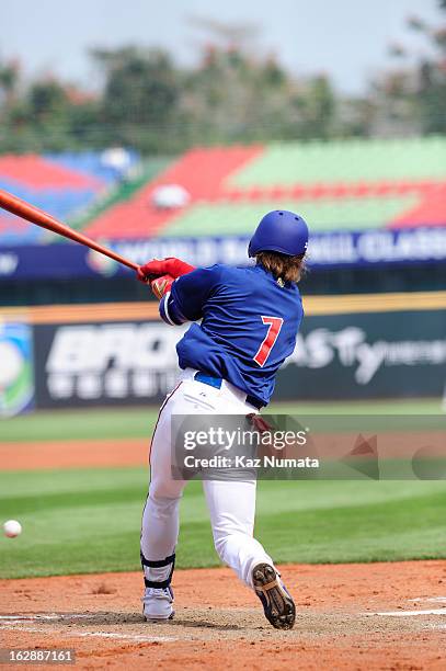 Dai-Kang Yang of Team Chinese Taipei bats during the World Baseball Classic exhibition game against the NC Dinos at Taichung Intercontinental...