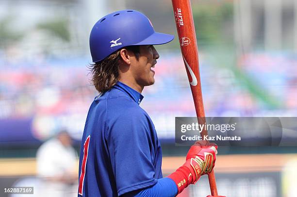 Dai-Kang Yang of Team Chinese Taipei looks on during the World Baseball Classic exhibition game against the NC Dinos at Taichung Intercontinental...